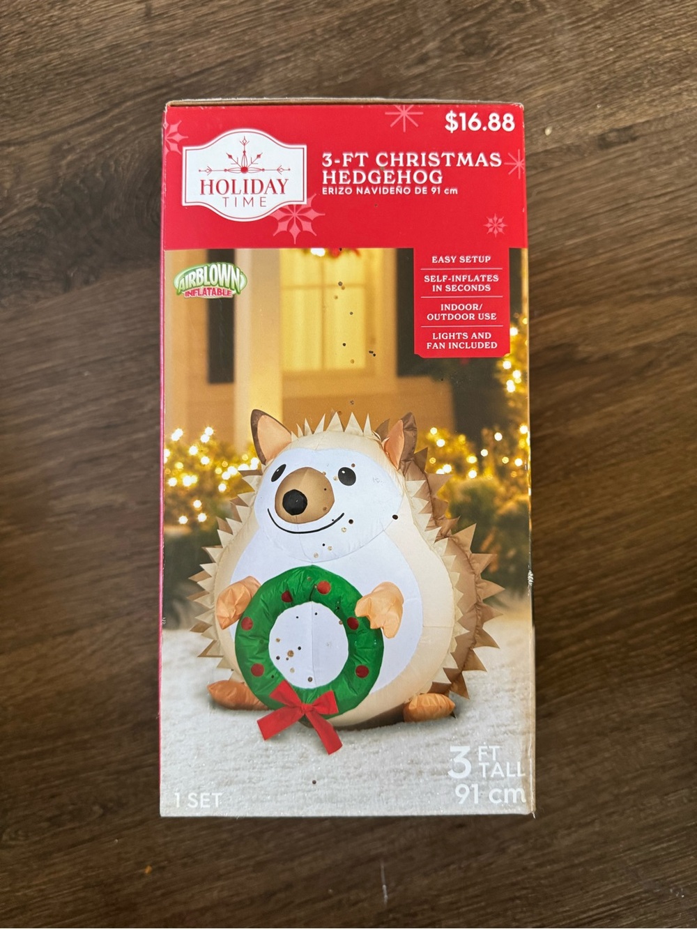 Holiday Time White & Brown Inflatable Hedgehog with Green Wreath and Red Bow